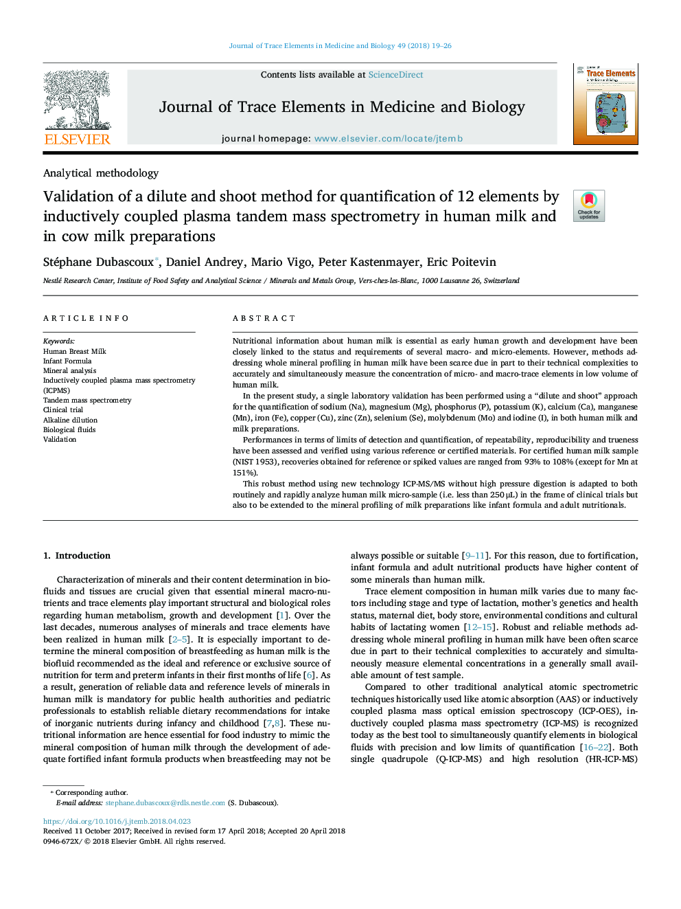 Validation of a dilute and shoot method for quantification of 12 elements by inductively coupled plasma tandem mass spectrometry in human milk and in cow milk preparations