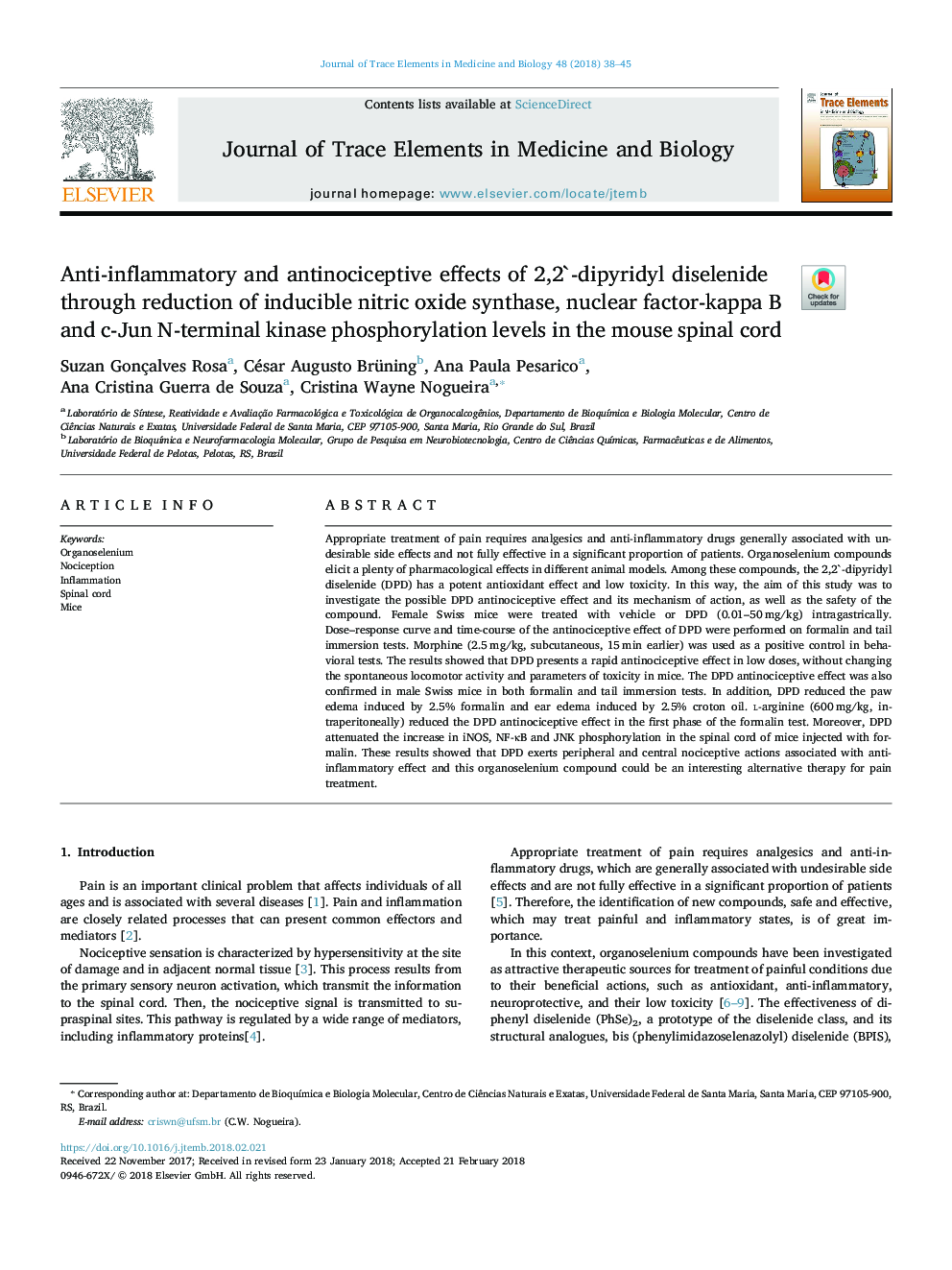 Anti-inflammatory and antinociceptive effects of 2,2`-dipyridyl diselenide through reduction of inducible nitric oxide synthase, nuclear factor-kappa B and c-Jun N-terminal kinase phosphorylation levels in the mouse spinal cord