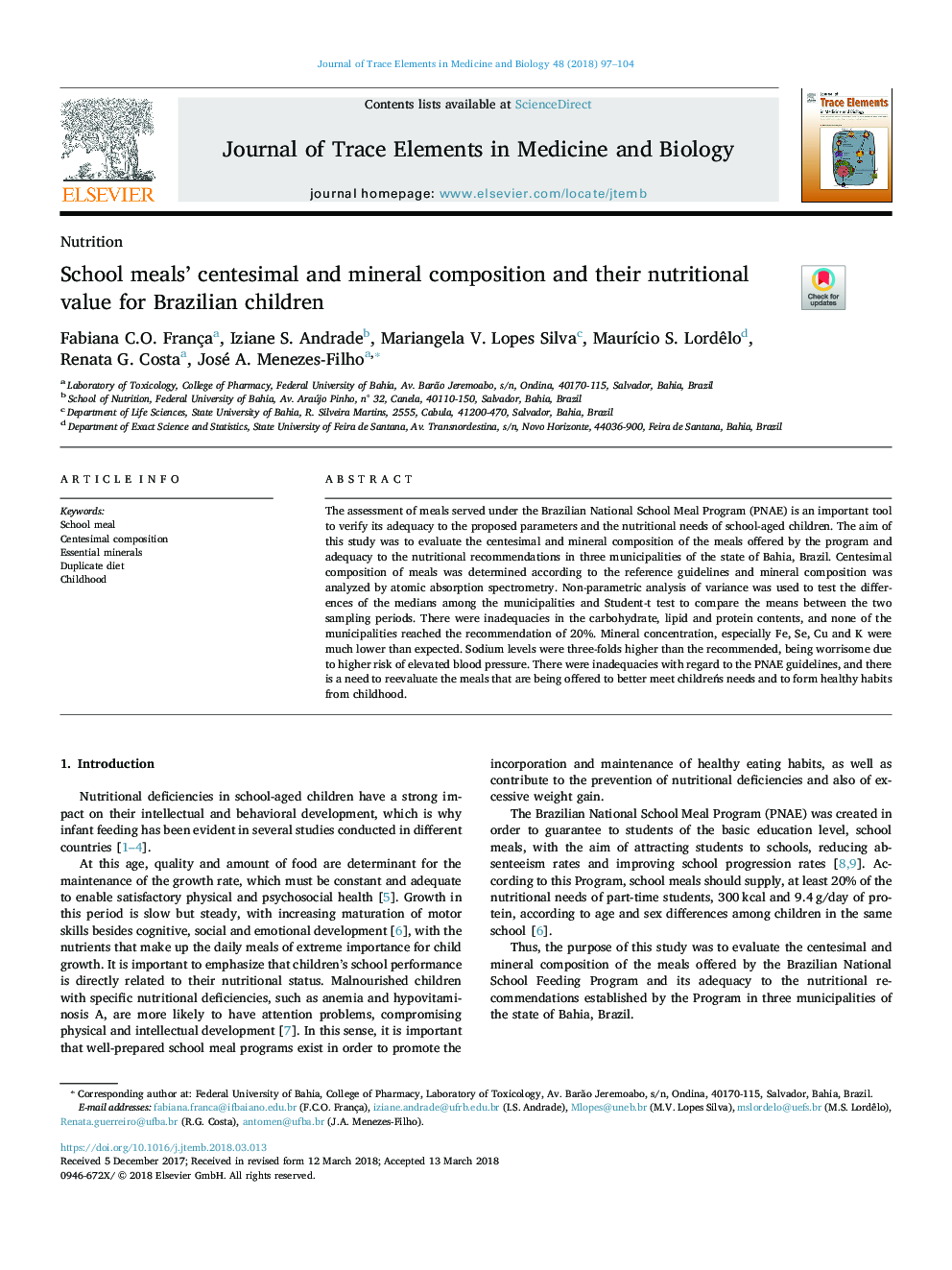 School meals' centesimal and mineral composition and their nutritional value for Brazilian children