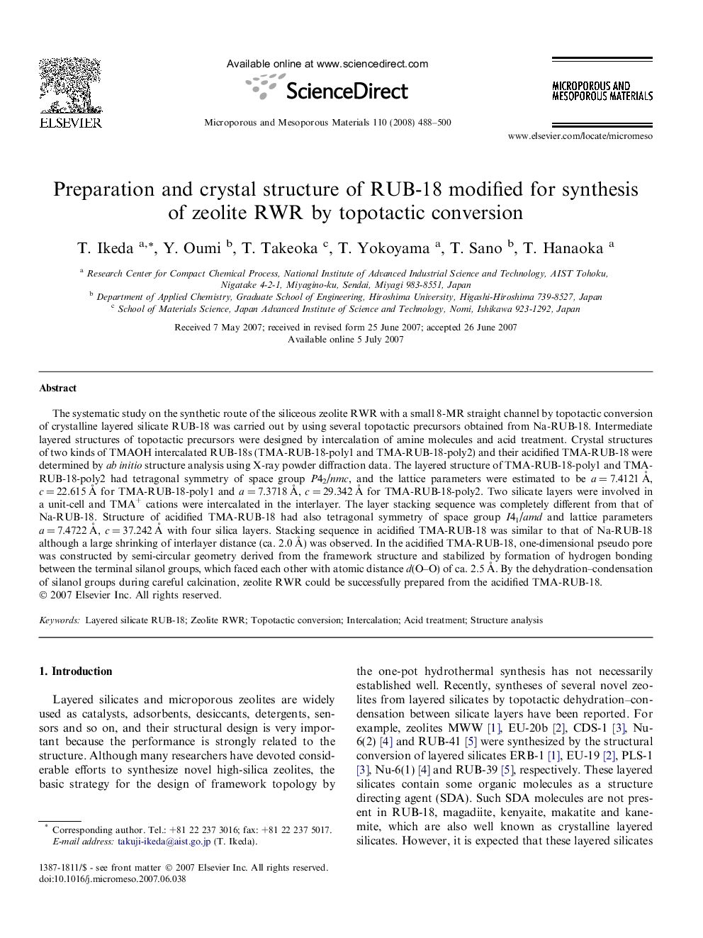 Preparation and crystal structure of RUB-18 modified for synthesis of zeolite RWR by topotactic conversion