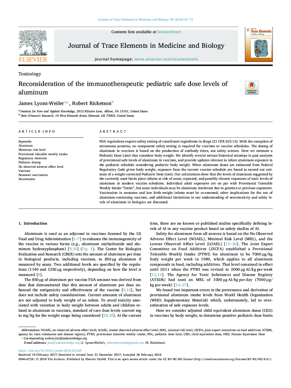 Reconsideration of the immunotherapeutic pediatric safe dose levels of aluminum