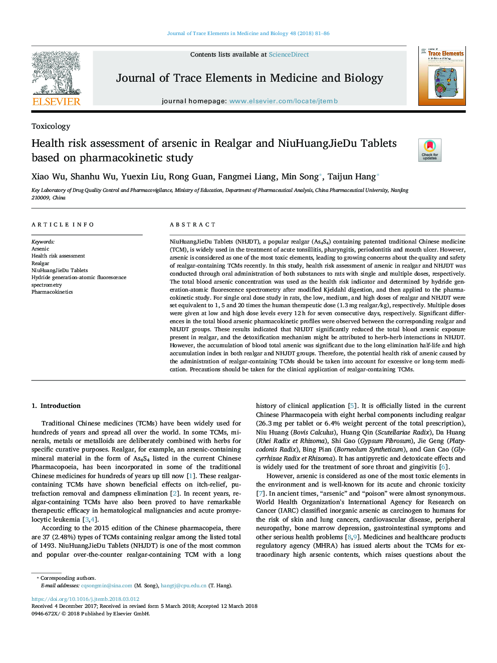 Health risk assessment of arsenic in Realgar and NiuHuangJieDu Tablets based on pharmacokinetic study