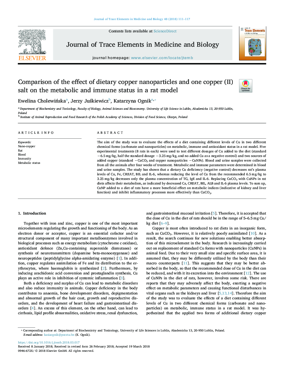 Comparison of the effect of dietary copper nanoparticles and one copper (II) salt on the metabolic and immune status in a rat model