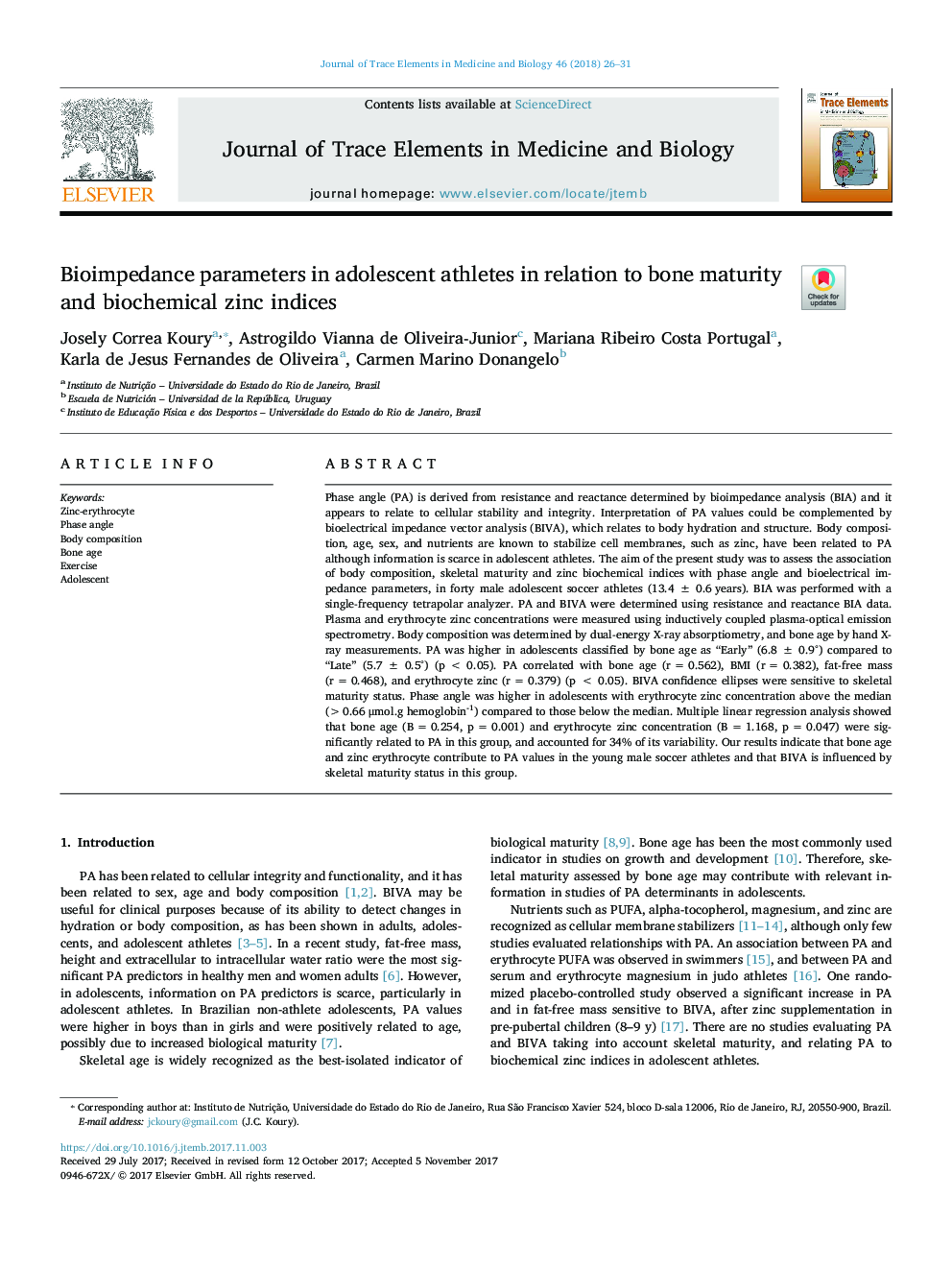 Bioimpedance parameters in adolescent athletes in relation to bone maturity and biochemical zinc indices