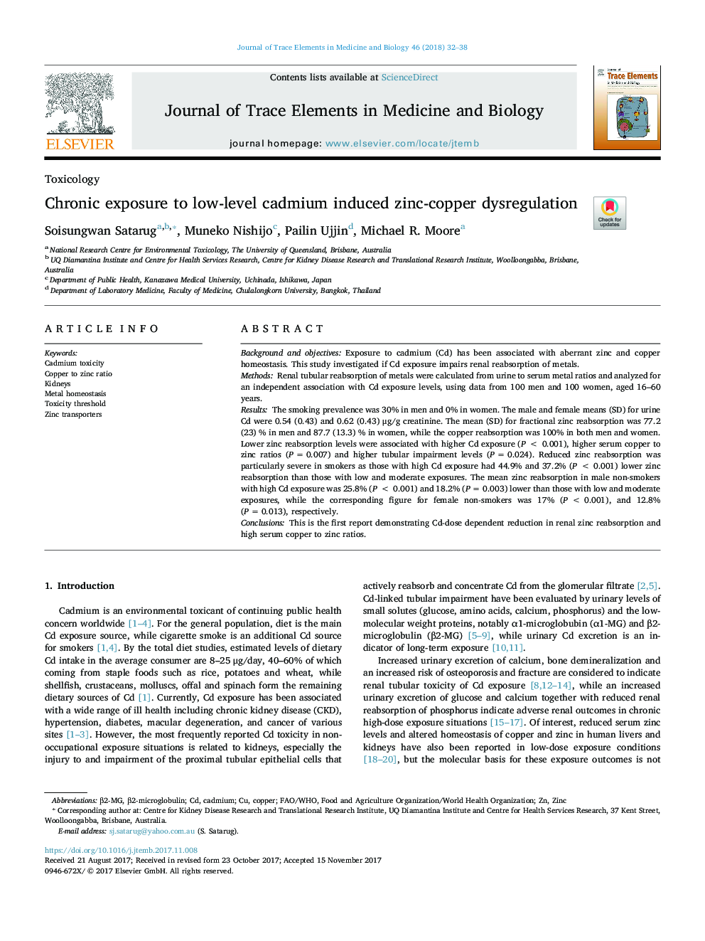 Chronic exposure to low-level cadmium induced zinc-copper dysregulation