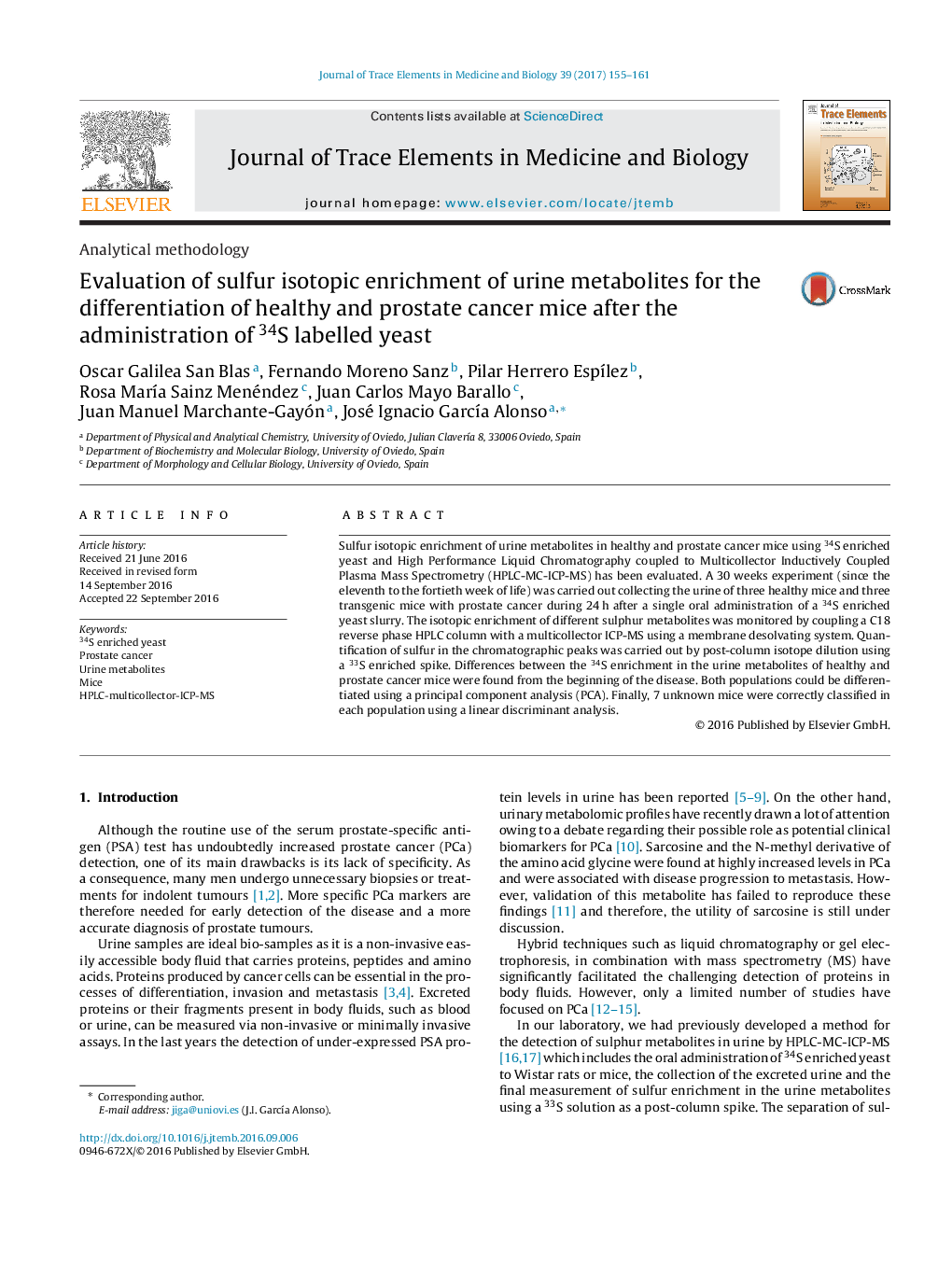 Evaluation of sulfur isotopic enrichment of urine metabolites for the differentiation of healthy and prostate cancer mice after the administration of 34S labelled yeast