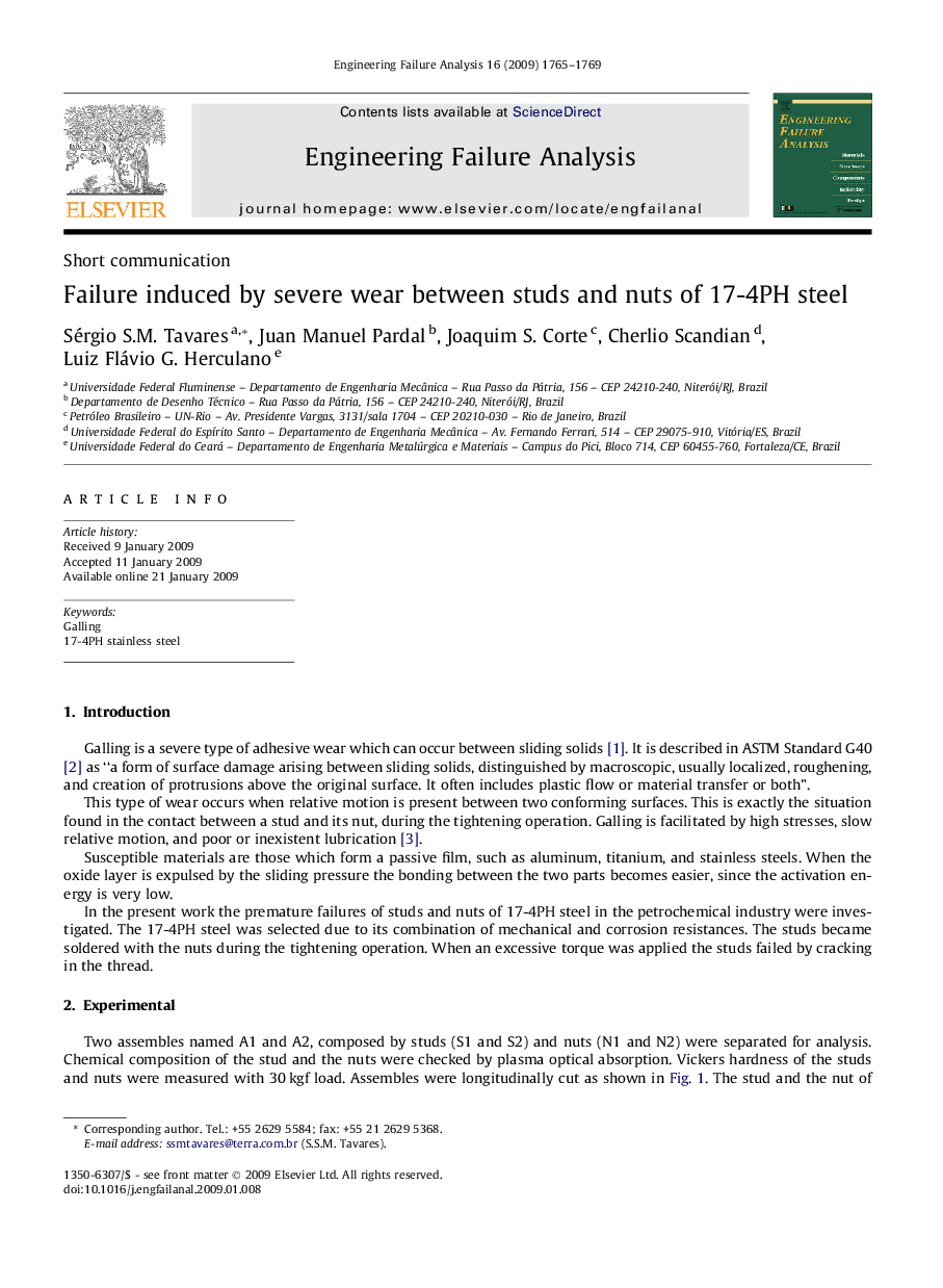 Failure induced by severe wear between studs and nuts of 17-4PH steel