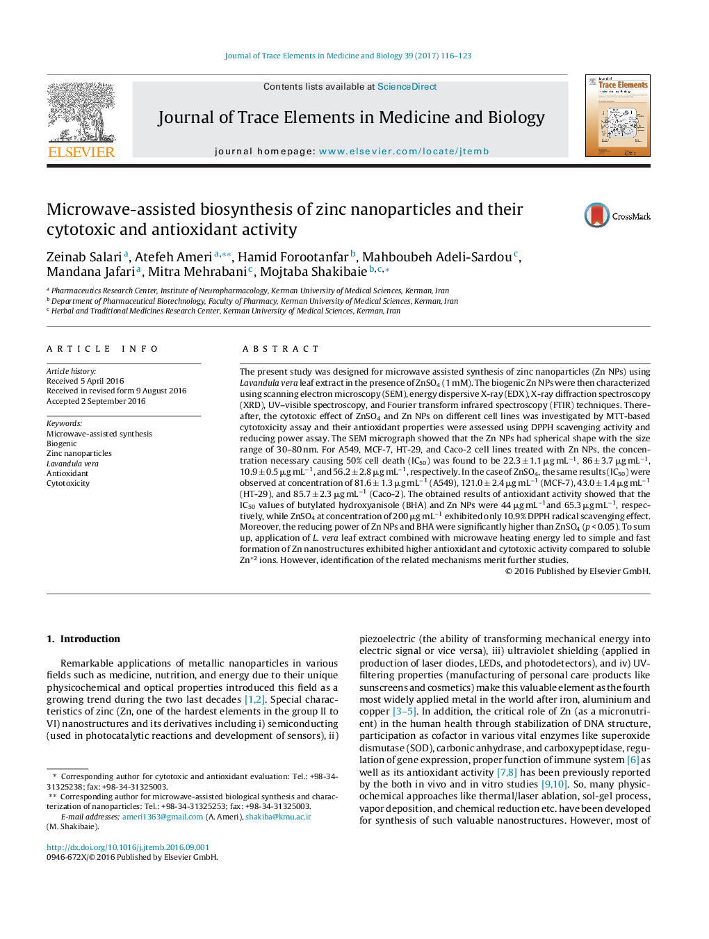 Microwave-assisted biosynthesis of zinc nanoparticles and their cytotoxic and antioxidant activity