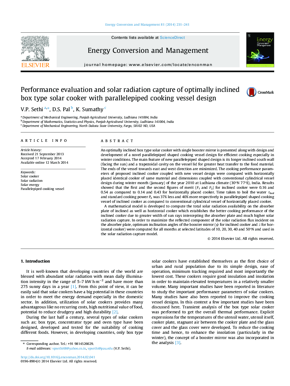 Performance evaluation and solar radiation capture of optimally inclined box type solar cooker with parallelepiped cooking vessel design