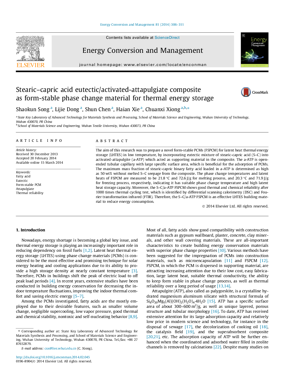 Stearic–capric acid eutectic/activated-attapulgiate composite as form-stable phase change material for thermal energy storage