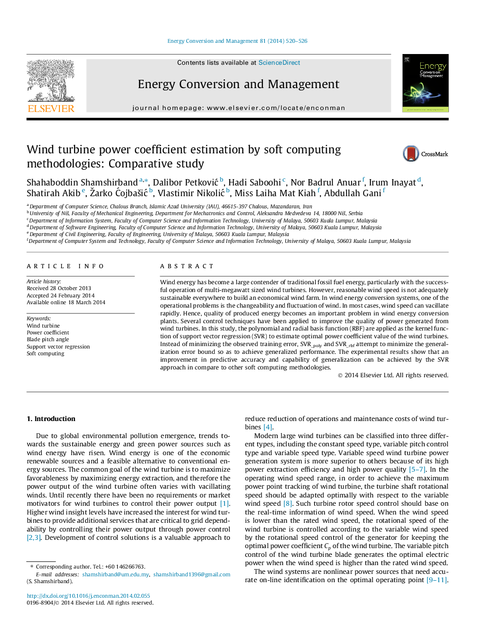 Wind turbine power coefficient estimation by soft computing methodologies: Comparative study