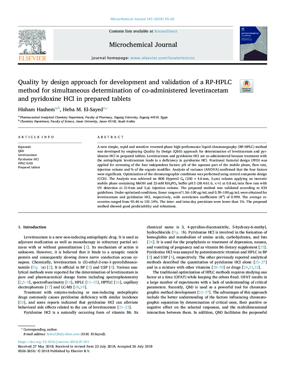 Quality by design approach for development and validation of a RP-HPLC method for simultaneous determination of co-administered levetiracetam and pyridoxine HCl in prepared tablets