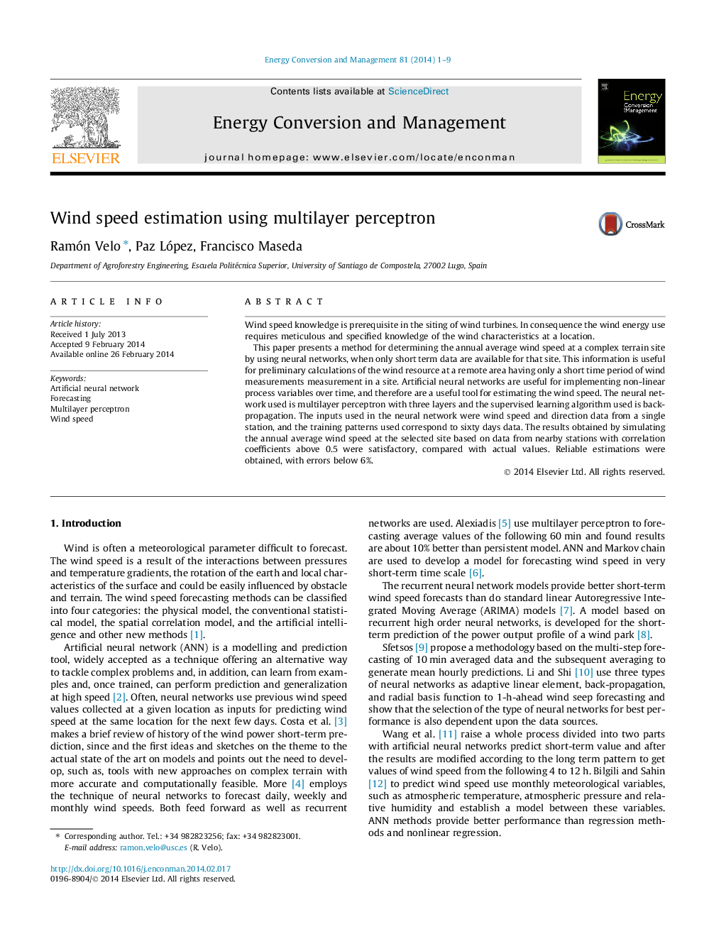 Wind speed estimation using multilayer perceptron