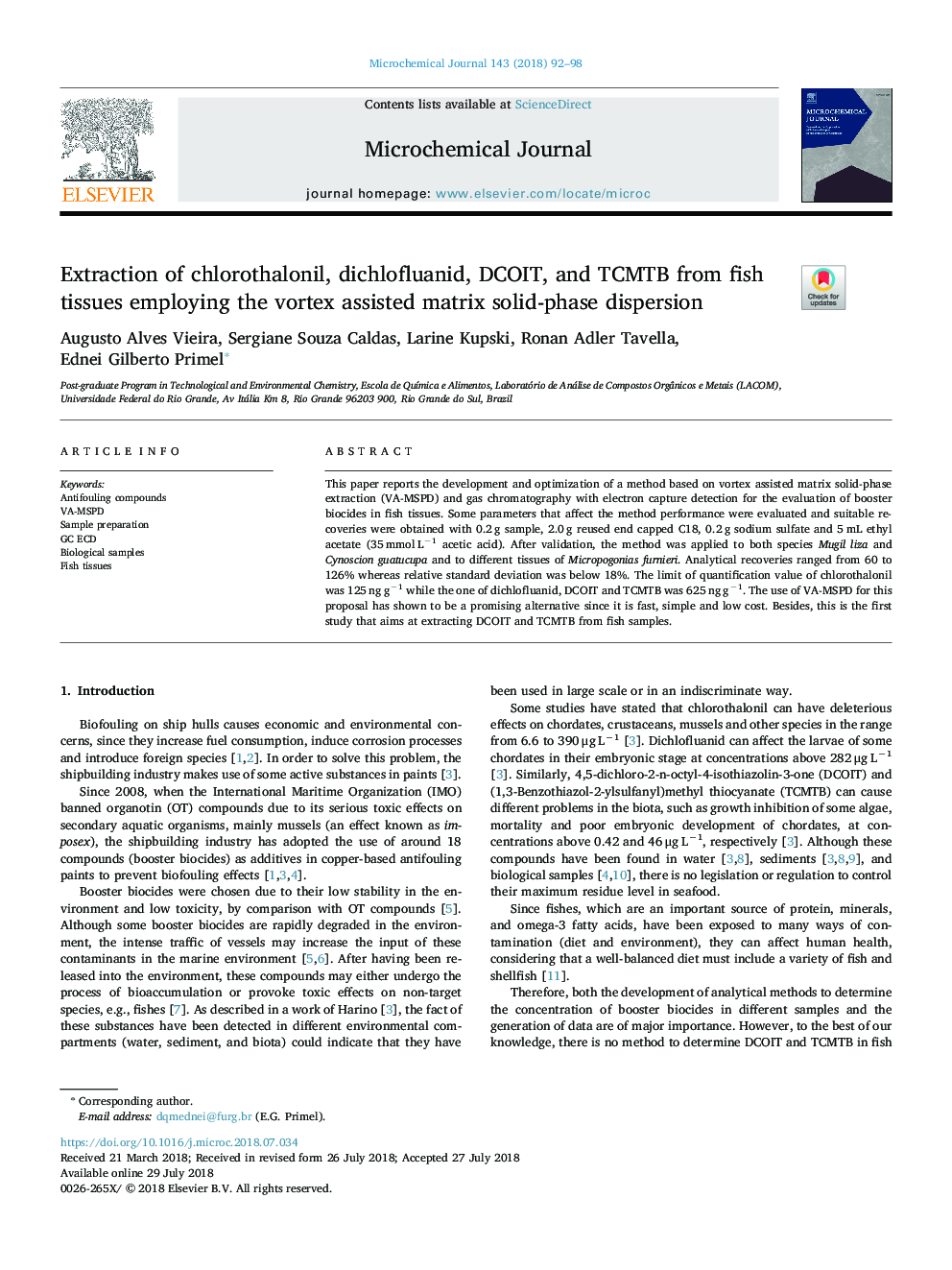 Extraction of chlorothalonil, dichlofluanid, DCOIT, and TCMTB from fish tissues employing the vortex assisted matrix solid-phase dispersion