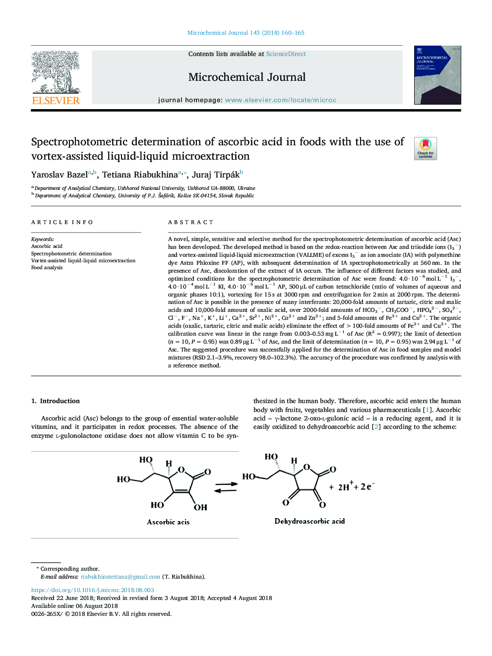 Spectrophotometric determination of ascorbic acid in foods with the use of vortex-assisted liquid-liquid microextraction