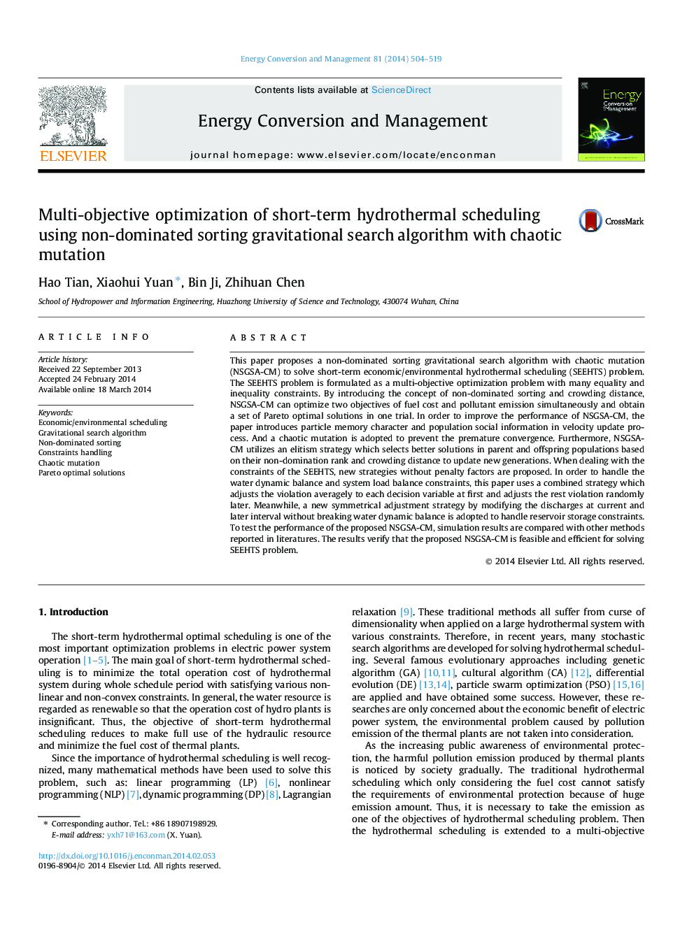 Multi-objective optimization of short-term hydrothermal scheduling using non-dominated sorting gravitational search algorithm with chaotic mutation