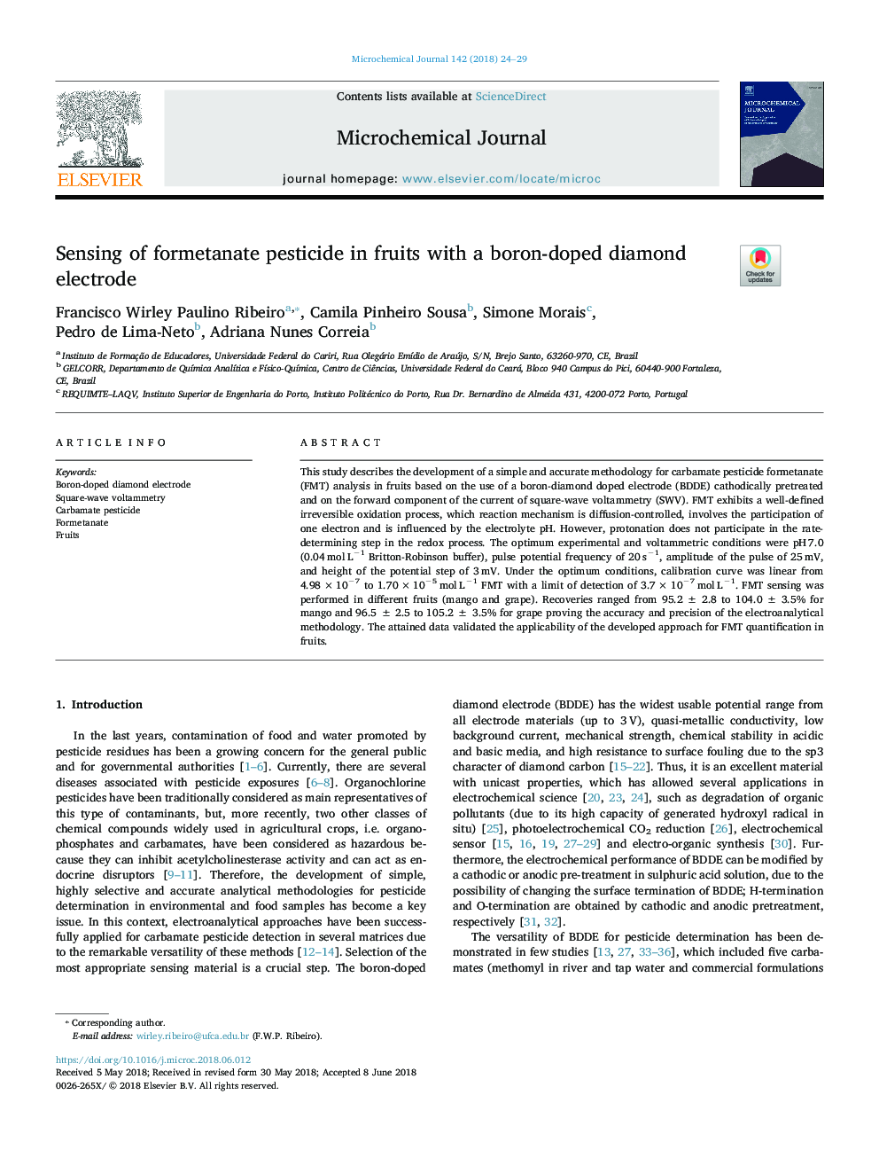 Sensing of formetanate pesticide in fruits with a boron-doped diamond electrode