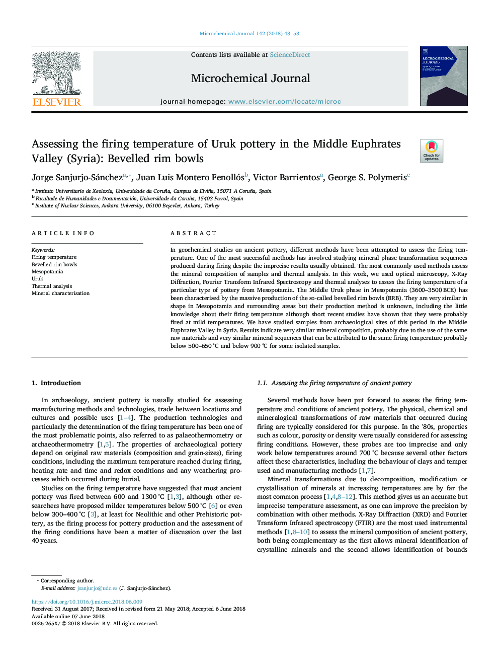 Assessing the firing temperature of Uruk pottery in the Middle Euphrates Valley (Syria): Bevelled rim bowls