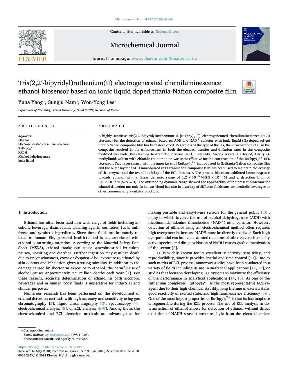 Tris(2,2â²-bipyridyl)ruthenium(II) electrogenerated chemiluminescence ethanol biosensor based on ionic liquid doped titania-Nafion composite film