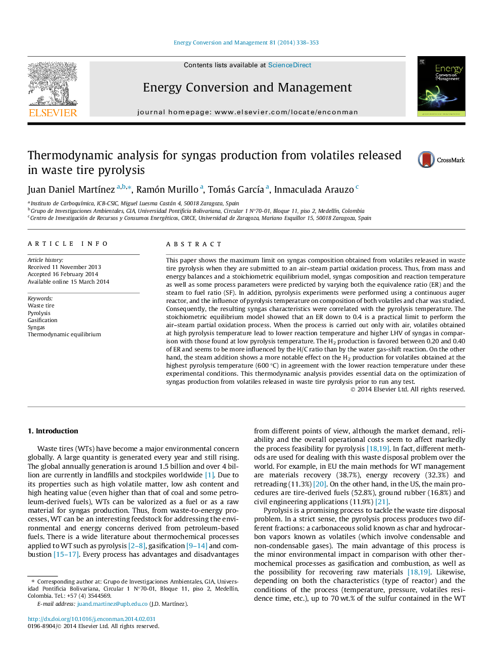 Thermodynamic analysis for syngas production from volatiles released in waste tire pyrolysis