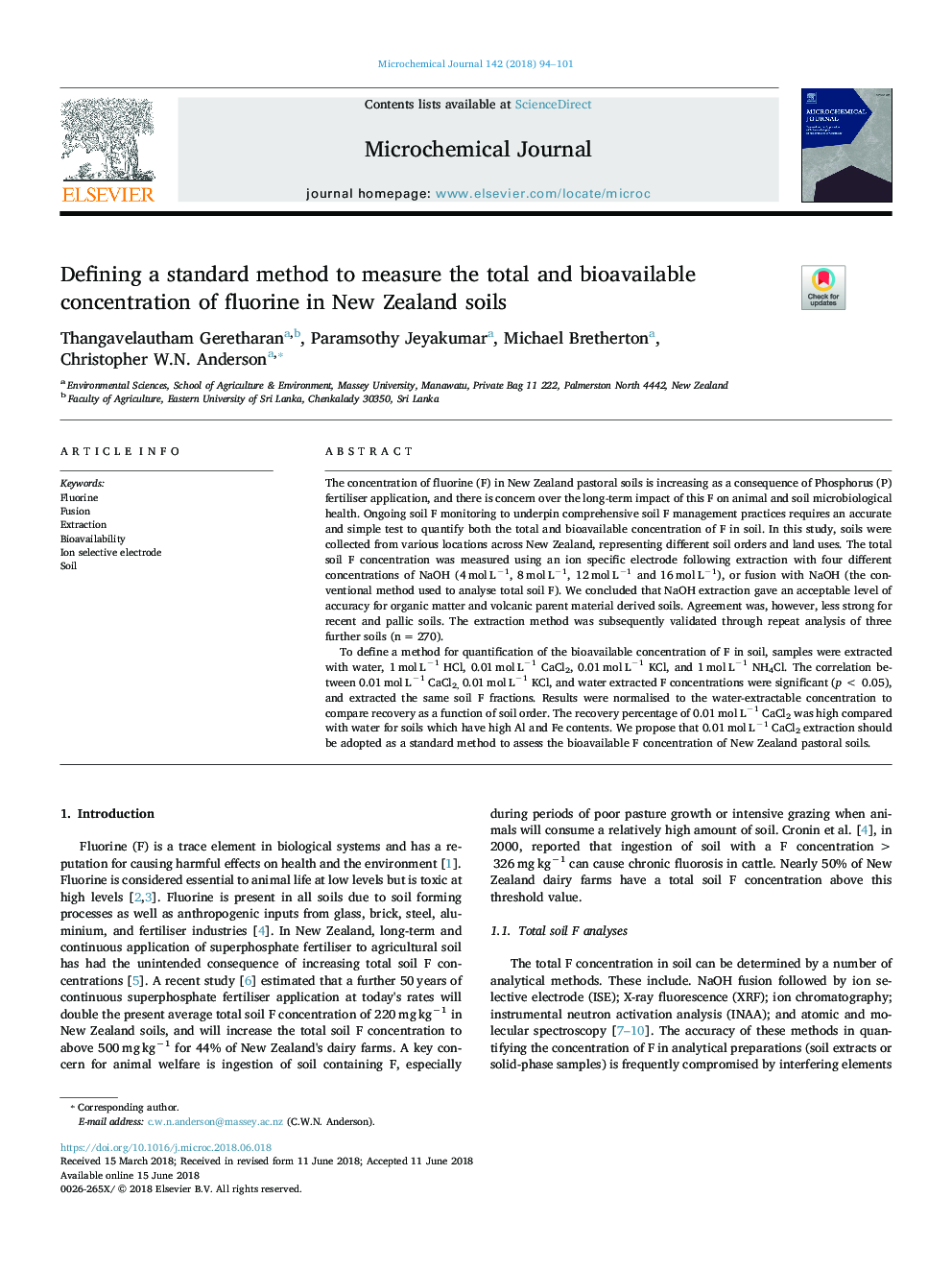 Defining a standard method to measure the total and bioavailable concentration of fluorine in New Zealand soils