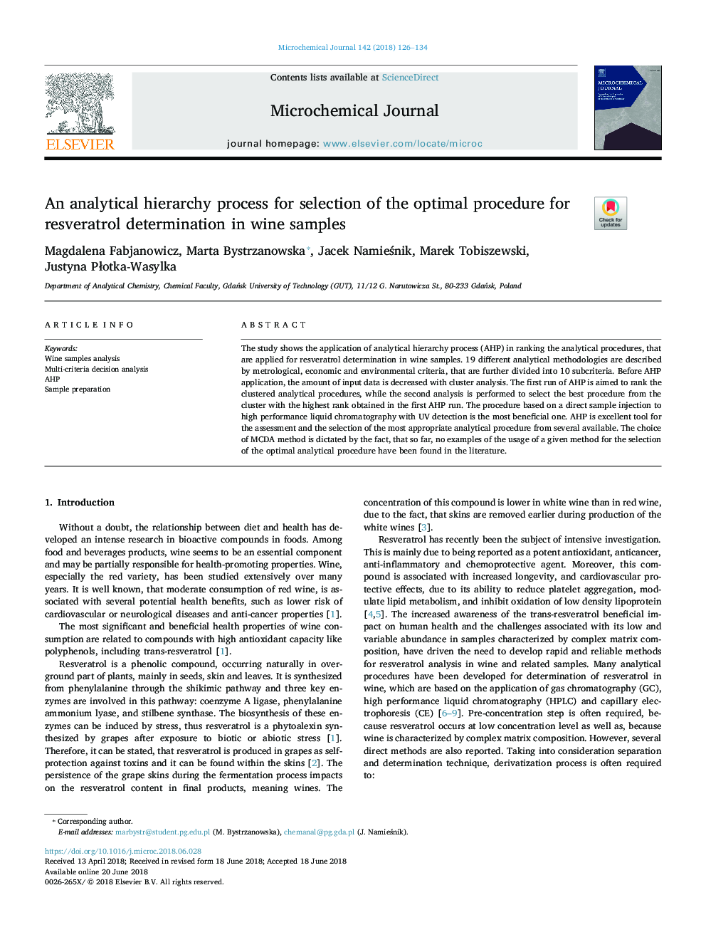 An analytical hierarchy process for selection of the optimal procedure for resveratrol determination in wine samples