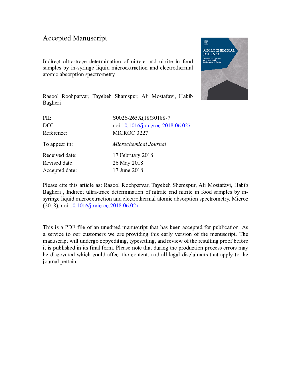 Indirect ultra-trace determination of nitrate and nitrite in food samples by in-syringe liquid microextraction and electrothermal atomic absorption spectrometry