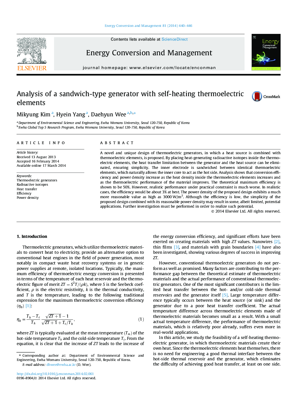 Analysis of a sandwich-type generator with self-heating thermoelectric elements