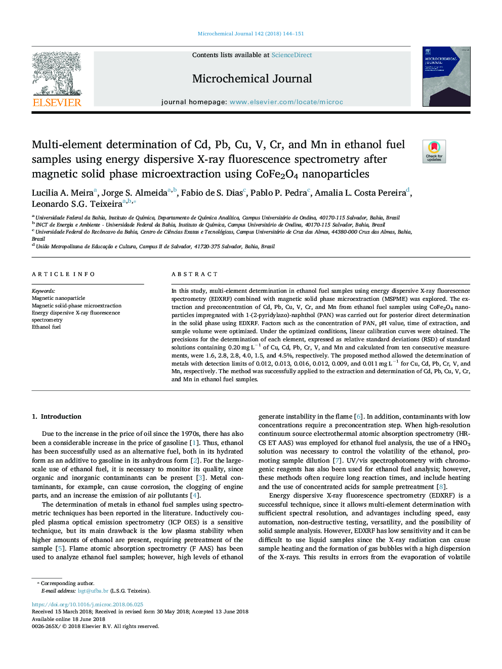 Multi-element determination of Cd, Pb, Cu, V, Cr, and Mn in ethanol fuel samples using energy dispersive X-ray fluorescence spectrometry after magnetic solid phase microextraction using CoFe2O4 nanoparticles