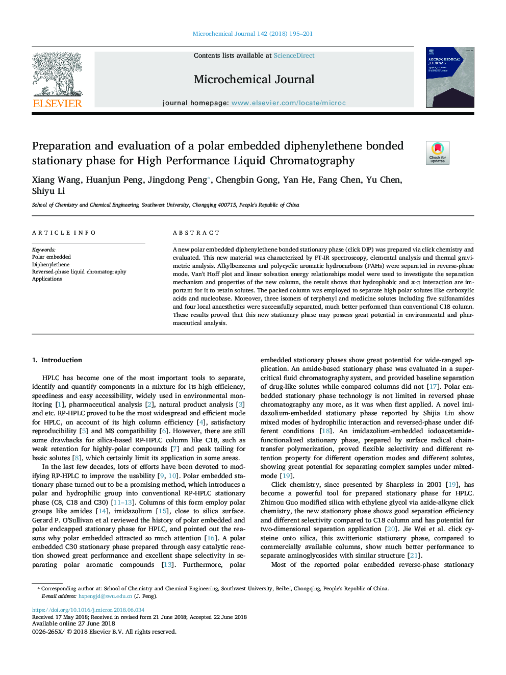 Preparation and evaluation of a polar embedded diphenylethene bonded stationary phase for High Performance Liquid Chromatography