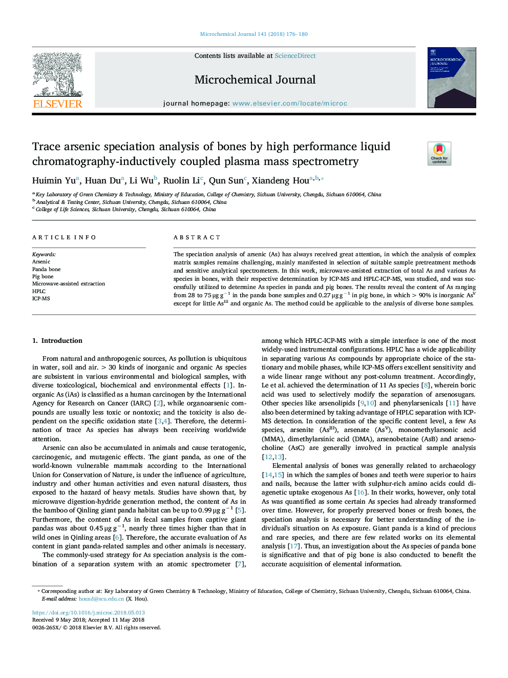 Trace arsenic speciation analysis of bones by high performance liquid chromatography-inductively coupled plasma mass spectrometry