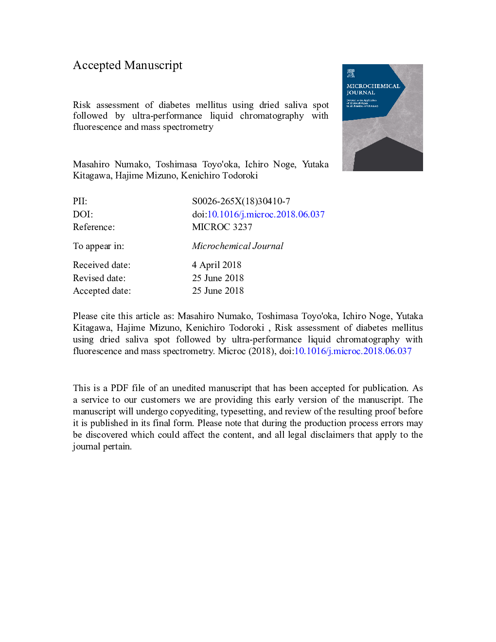 Risk assessment of diabetes mellitus using dried saliva spot followed by ultra-performance liquid chromatography with fluorescence and mass spectrometry