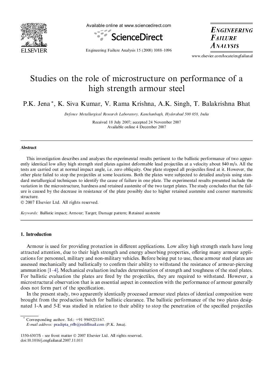 Studies on the role of microstructure on performance of a high strength armour steel