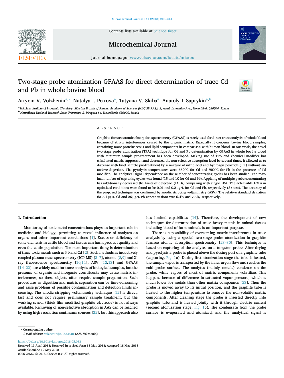 Two-stage probe atomization GFAAS for direct determination of trace Cd and Pb in whole bovine blood