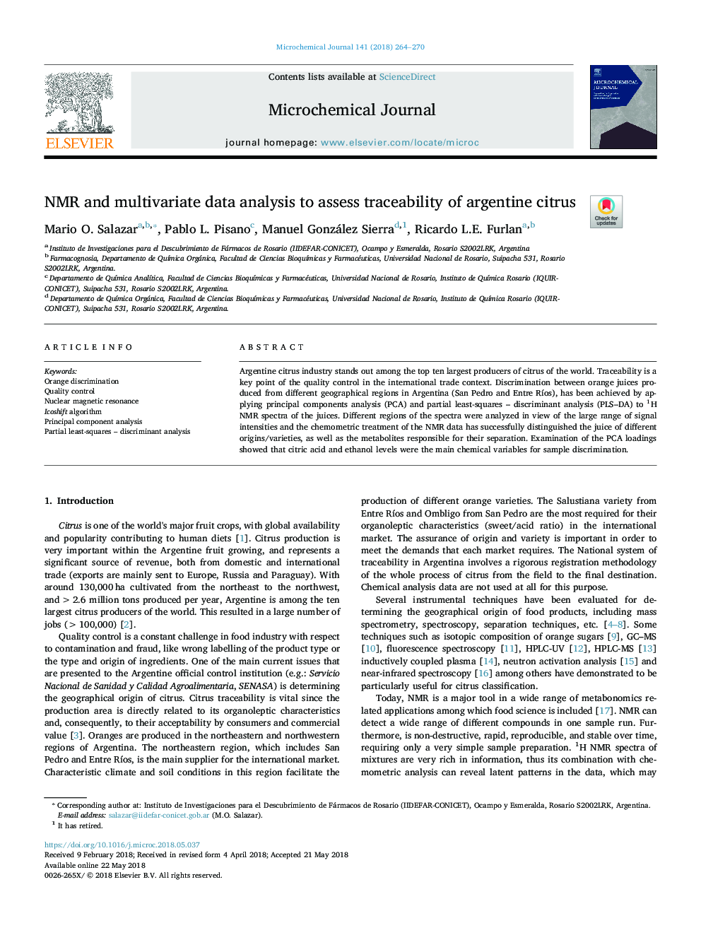 NMR and multivariate data analysis to assess traceability of argentine citrus