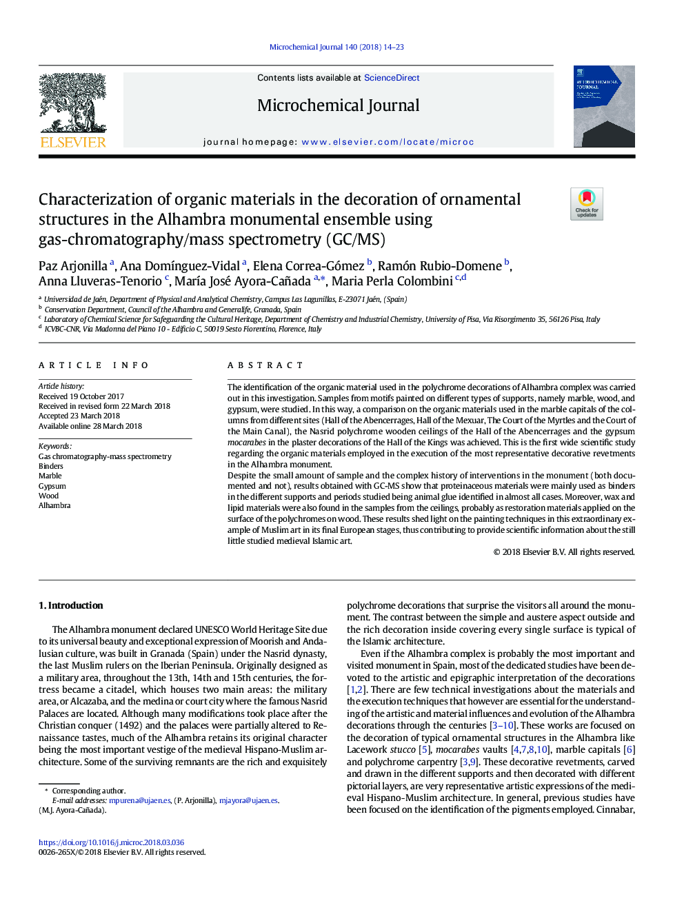 Characterization of organic materials in the decoration of ornamental structures in the Alhambra monumental ensemble using gas-chromatography/mass spectrometry (GC/MS)