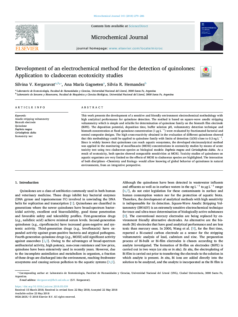 Development of an electrochemical method for the detection of quinolones: Application to cladoceran ecotoxicity studies