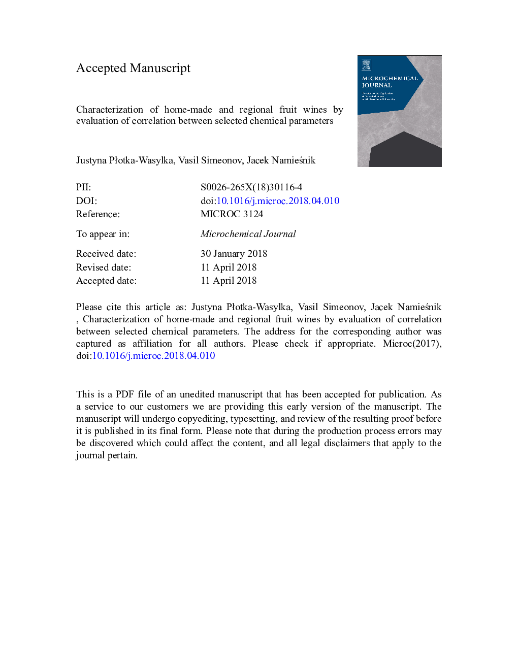 Characterization of home-made and regional fruit wines by evaluation of correlation between selected chemical parameters