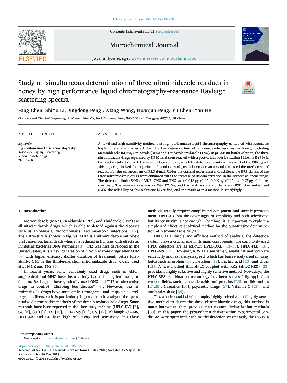 Study on simultaneous determination of three nitroimidazole residues in honey by high performance liquid chromatography-resonance Rayleigh scattering spectra