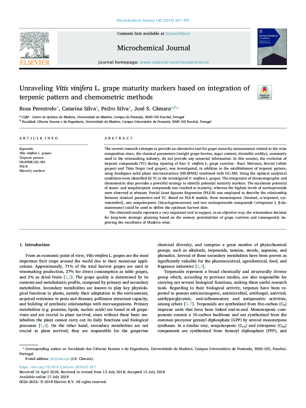 Unraveling Vitis vinifera L. grape maturity markers based on integration of terpenic pattern and chemometric methods