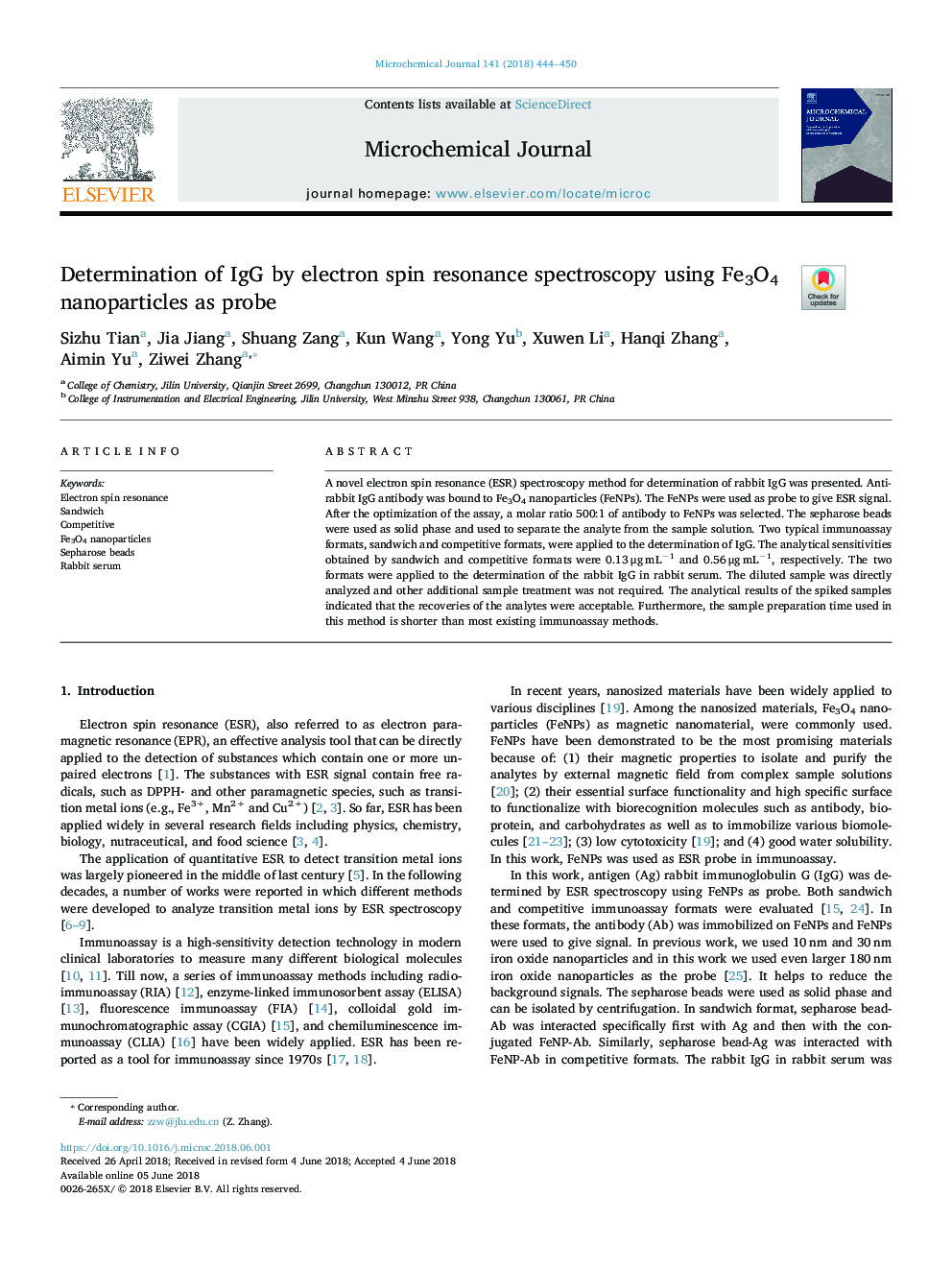 Determination of IgG by electron spin resonance spectroscopy using Fe3O4 nanoparticles as probe