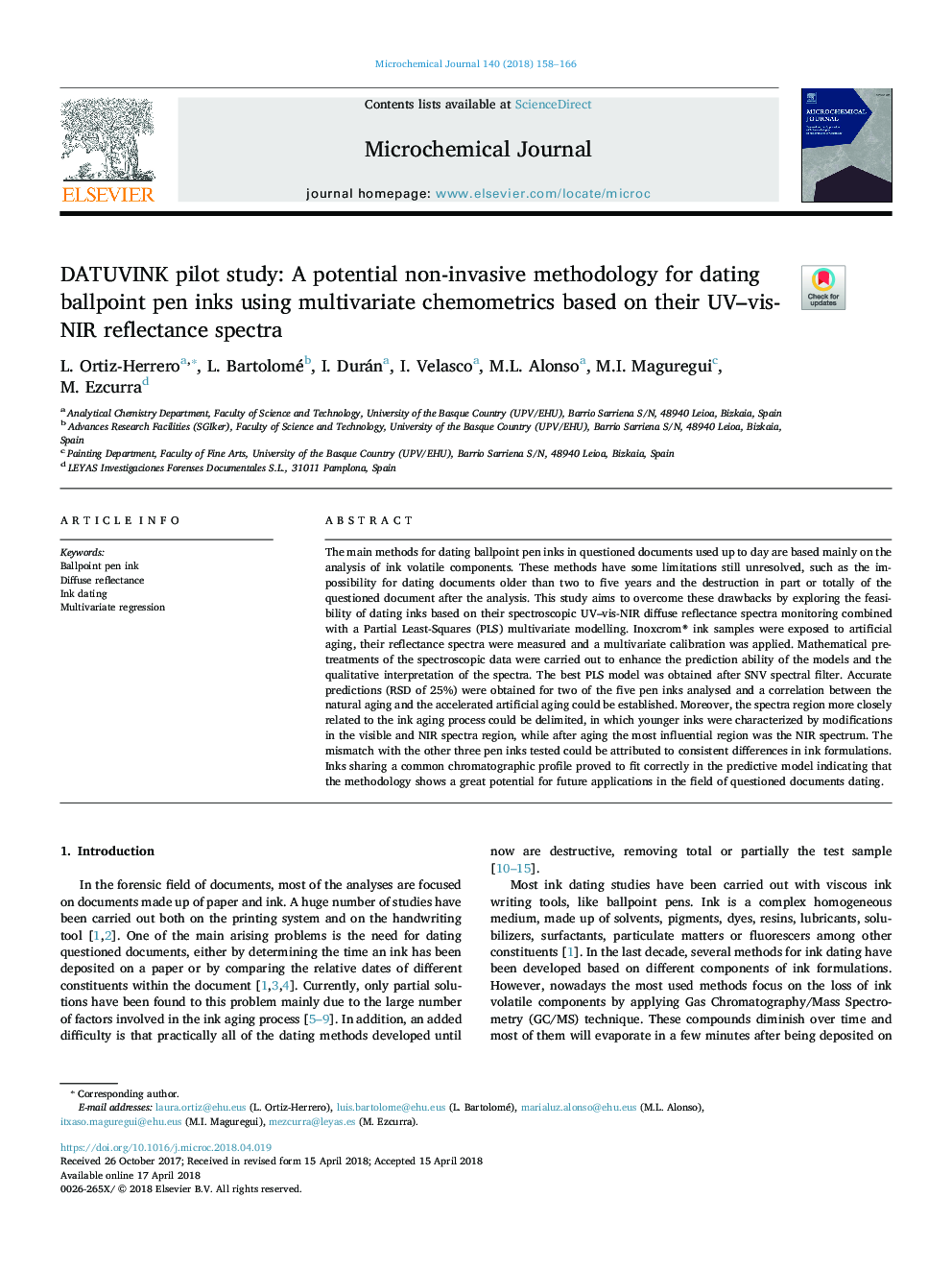 DATUVINK pilot study: A potential non-invasive methodology for dating ballpoint pen inks using multivariate chemometrics based on their UV-vis-NIR reflectance spectra