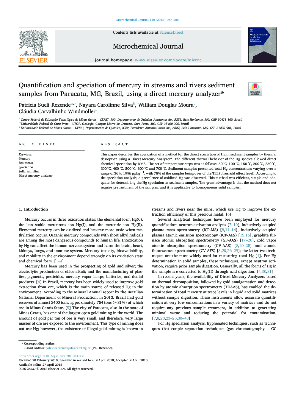 Quantification and speciation of mercury in streams and rivers sediment samples from Paracatu, MG, Brazil, using a direct mercury analyzer®