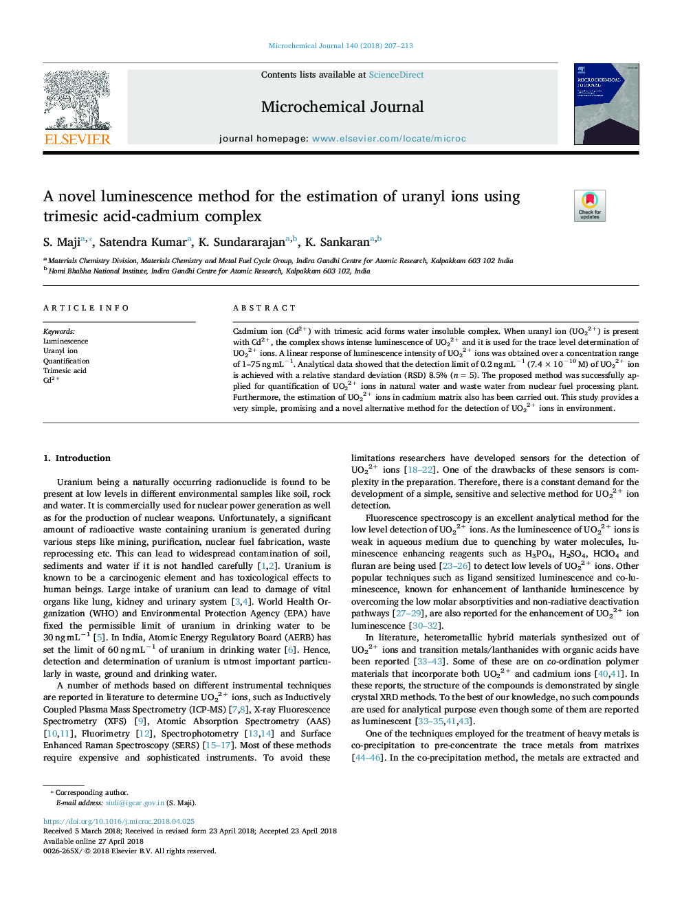 A novel luminescence method for the estimation of uranyl ions using trimesic acidâcadmium complex