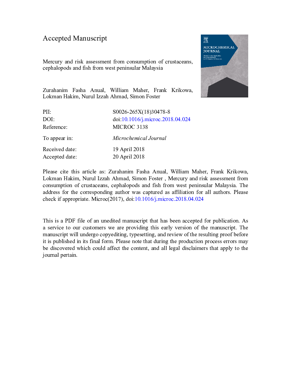 Mercury and risk assessment from consumption of crustaceans, cephalopods and fish from West Peninsular Malaysia