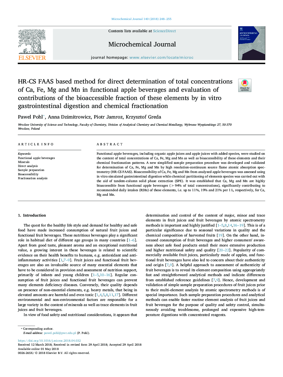 HR-CS FAAS based method for direct determination of total concentrations of Ca, Fe, Mg and Mn in functional apple beverages and evaluation of contributions of the bioaccessible fraction of these elements by in vitro gastrointestinal digestion and chemical