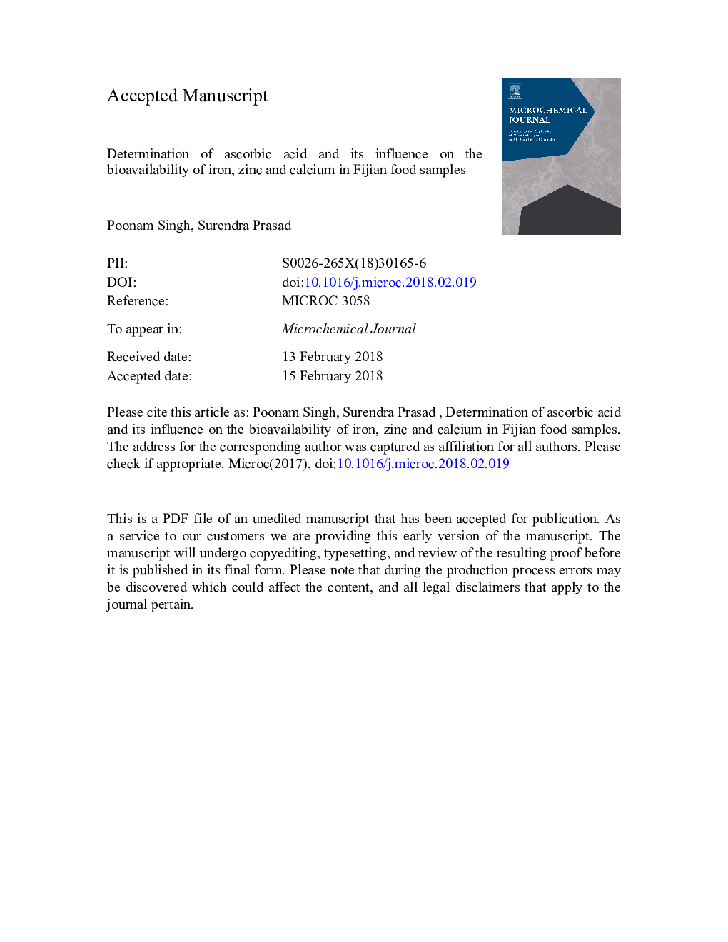 Determination of ascorbic acid and its influence on the bioavailability of iron, zinc and calcium in Fijian food samples