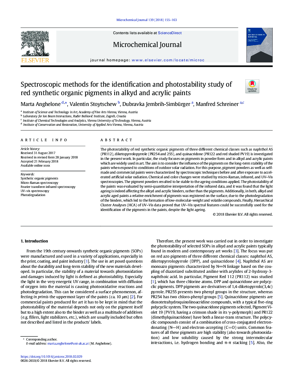 Spectroscopic methods for the identification and photostability study of red synthetic organic pigments in alkyd and acrylic paints