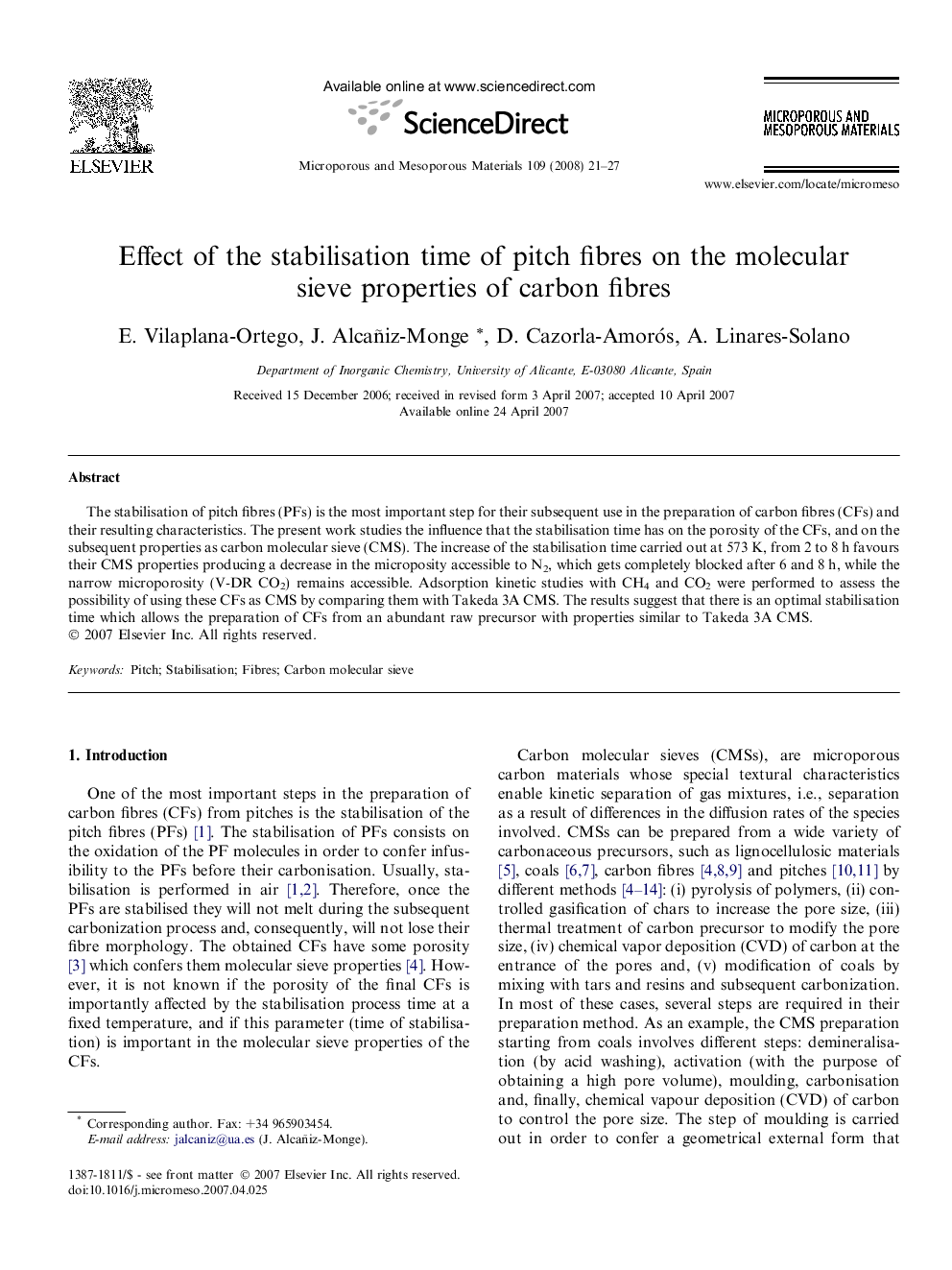 Effect of the stabilisation time of pitch fibres on the molecular sieve properties of carbon fibres