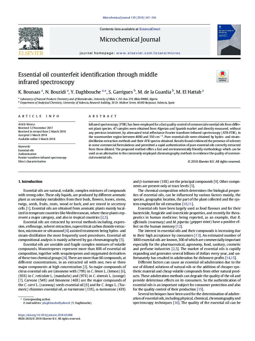 Essential oil counterfeit identification through middle infrared spectroscopy